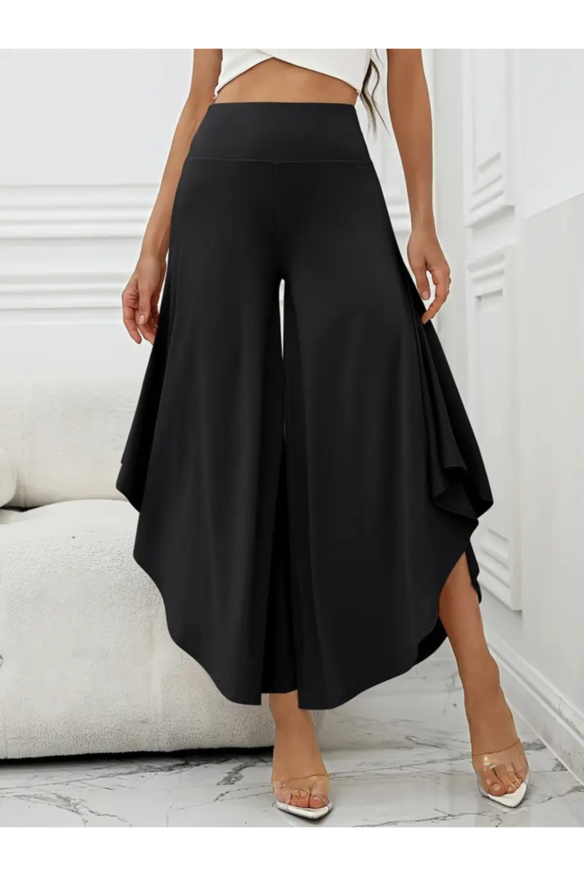 Kadın Yüksek Belli Geniş Paçalı Yanlardan Açık Sandy Pantolon