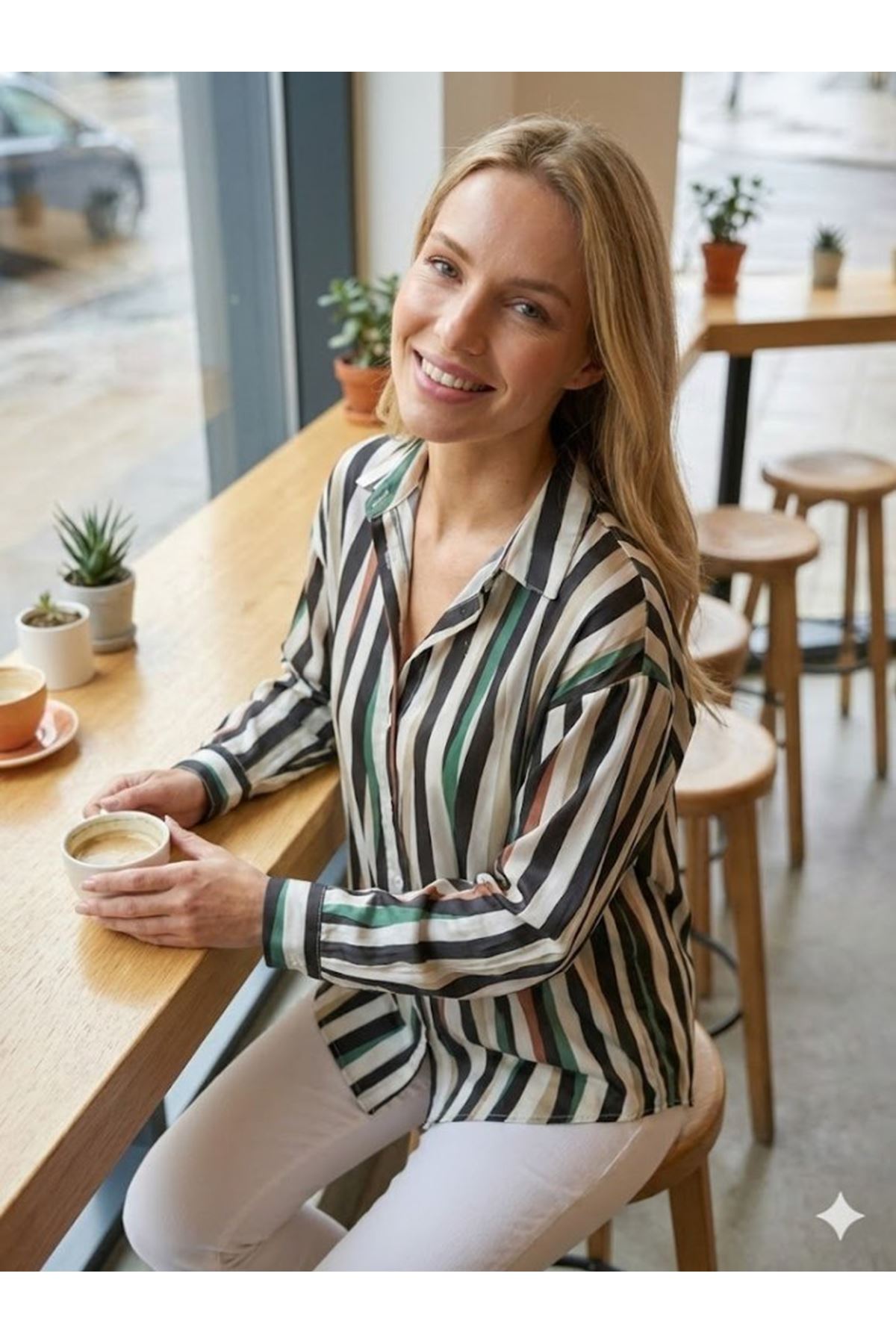 Kadın Uzun Kollu Dalgalı Desen Baskılı Gömlek