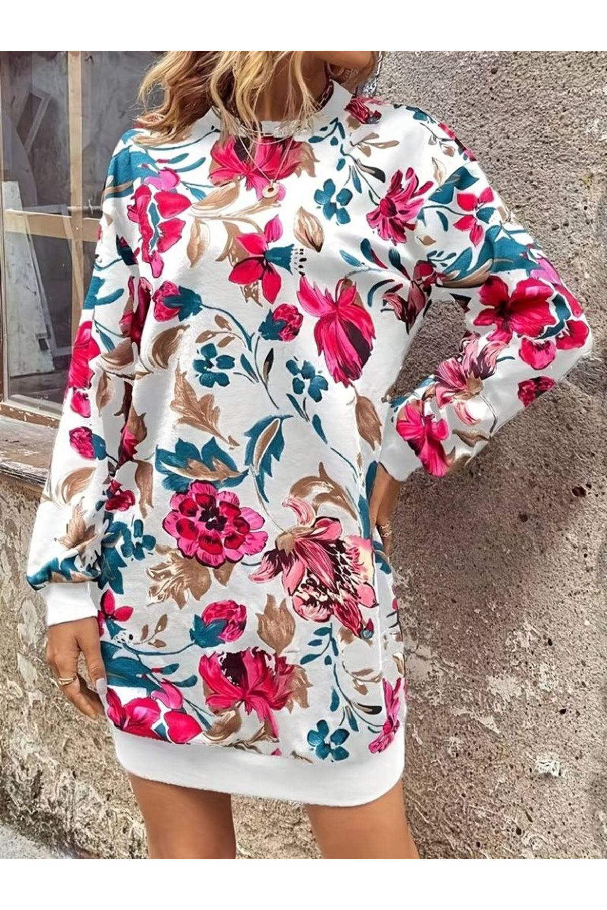 Kadın Uzun Kollu Bisiklet Yaka çiçek Baskılı şardonlu Dalgıç Elbise