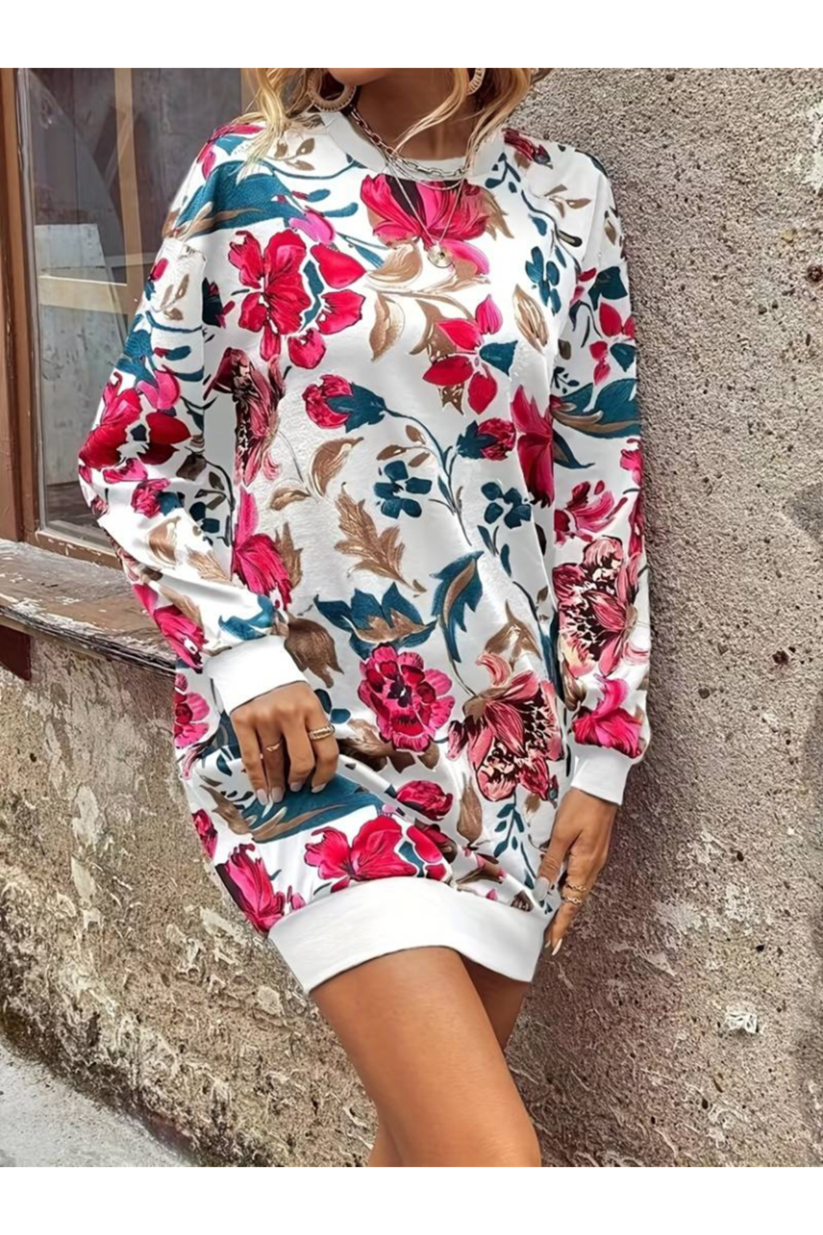 Kadın Uzun Kollu Bisiklet Yaka çiçek Baskılı şardonlu Dalgıç Elbise