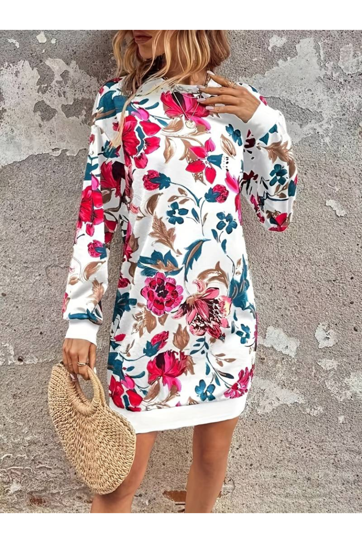 Kadın Uzun Kollu Bisiklet Yaka çiçek Baskılı şardonlu Dalgıç Elbise