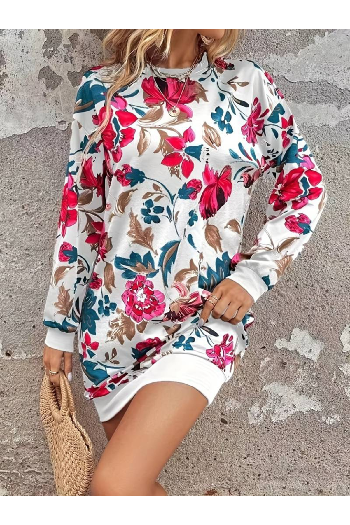 Kadın Uzun Kollu Bisiklet Yaka çiçek Baskılı şardonlu Dalgıç Elbise