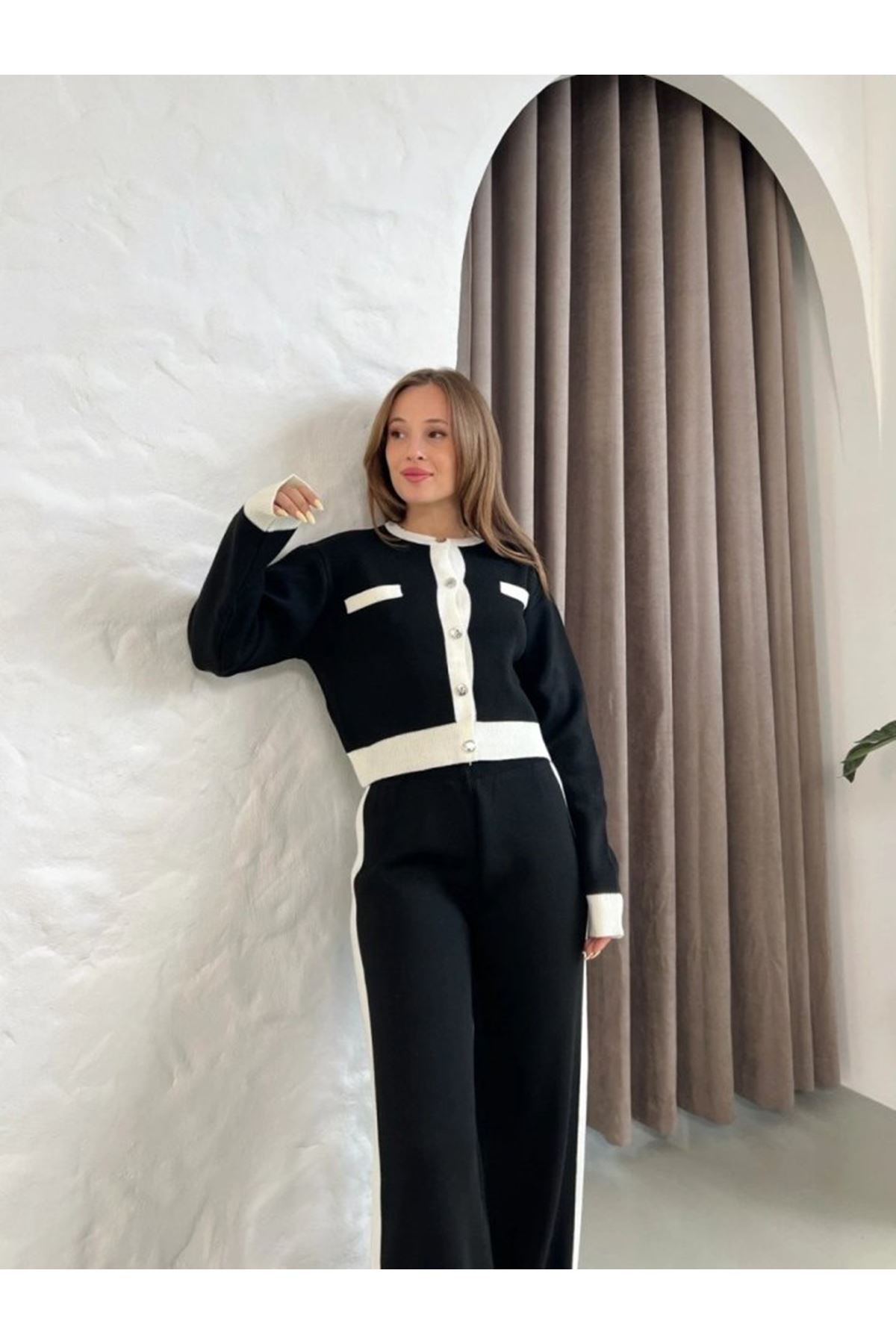 Kadın Uzun Kollu şerit Detay Triko Takım