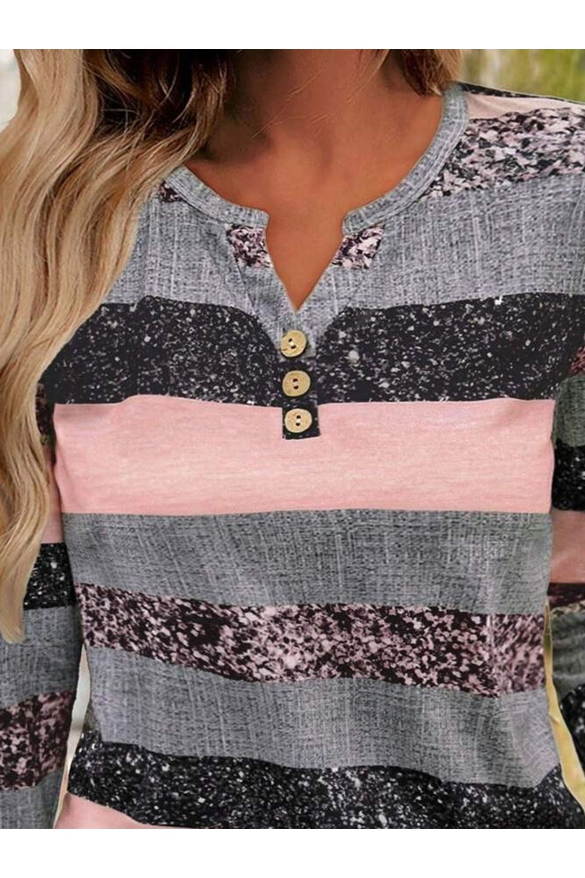 Kadın Uzun Kollu Yakadan Düğmeli çizgili Desenli Süprem Bluz