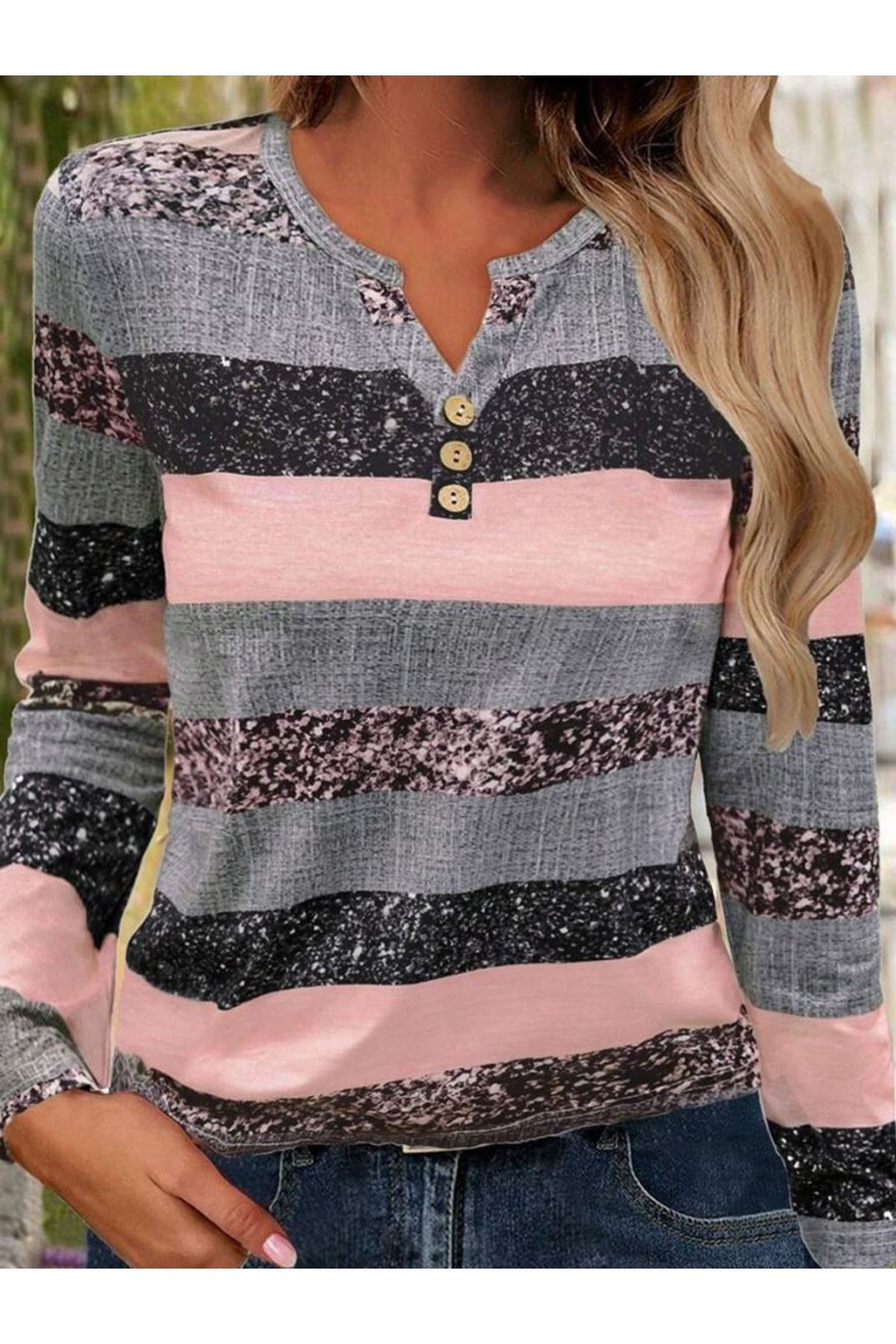 Kadın Uzun Kollu Yakadan Düğmeli çizgili Desenli Süprem Bluz