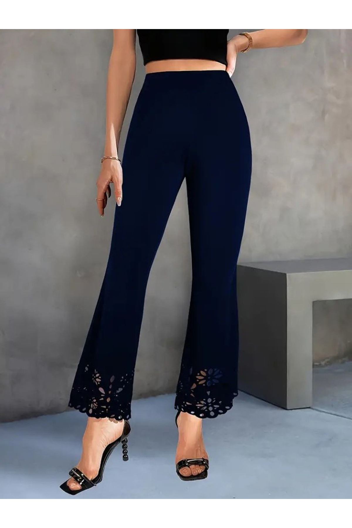 Kadın Yüksek Bel Paçaya Doğru Genişleyen Lazer çiçek Kesim Detaylı Ithal Krep Pantolon