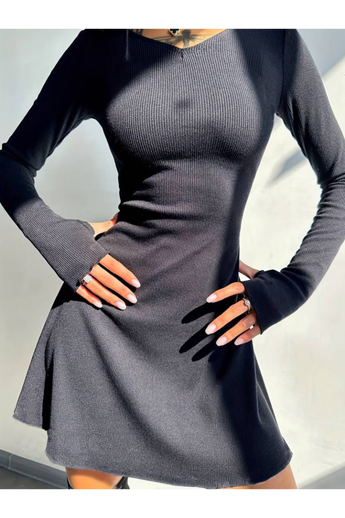 Kadın Uzun Kollu Bisiklet Yaka Kısa Kaşkorse Elbise