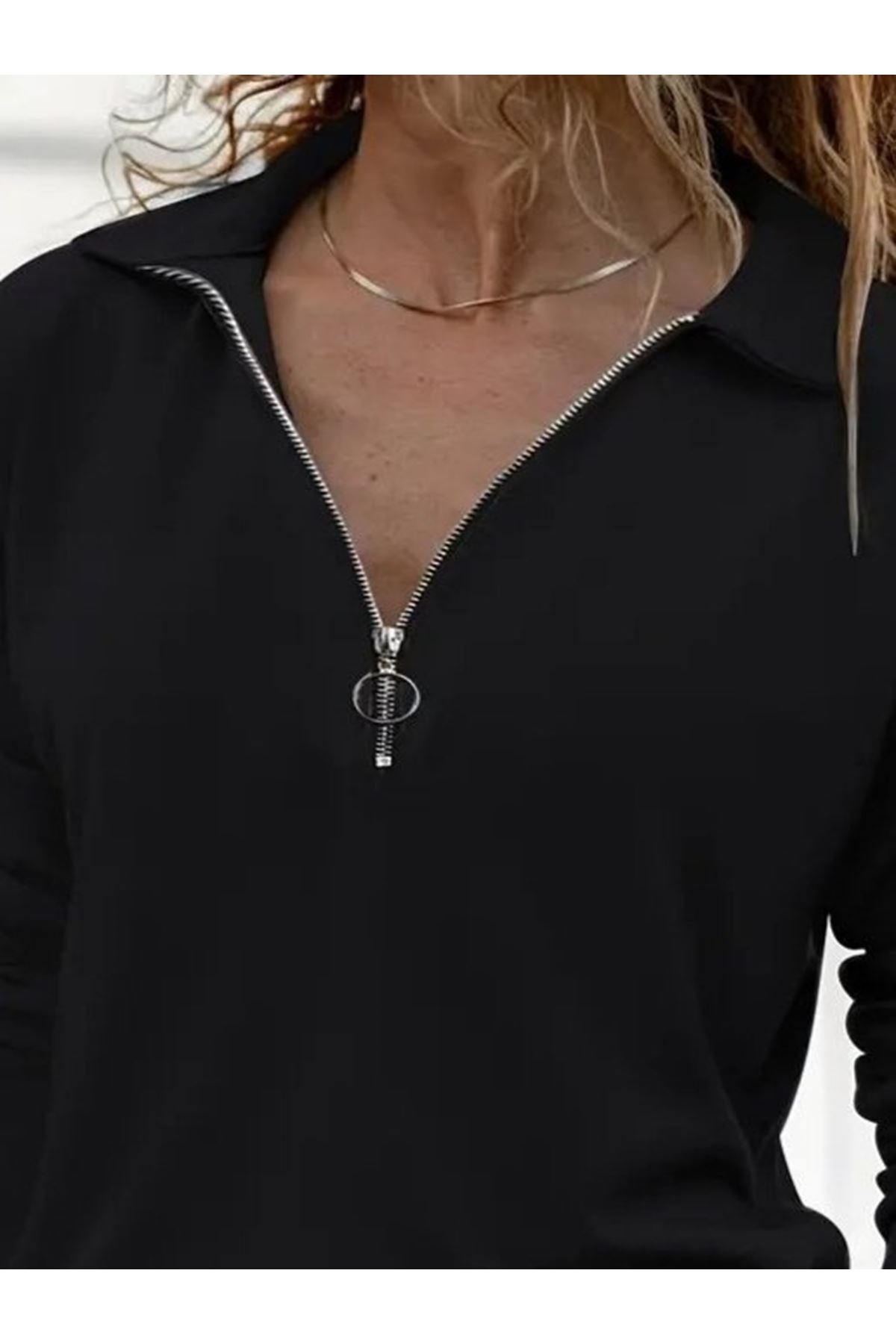 Kadın Uzun Kollu Yakalı Fermuarlı Iki Iplik Bluz