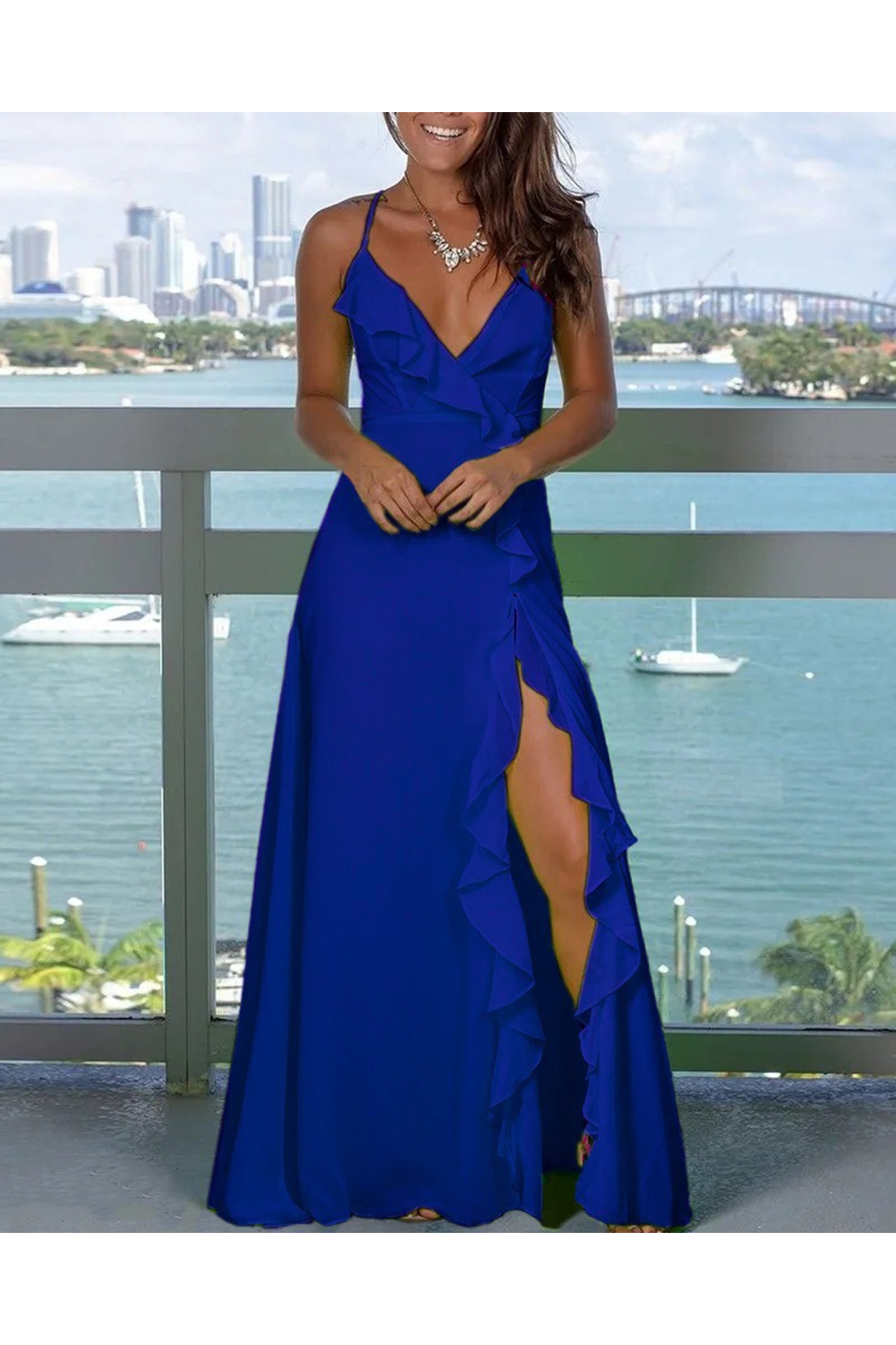 Kadın Sıfır Kol Ip Askılı Dekolteli Yırtmaç Detay Krep Elbise