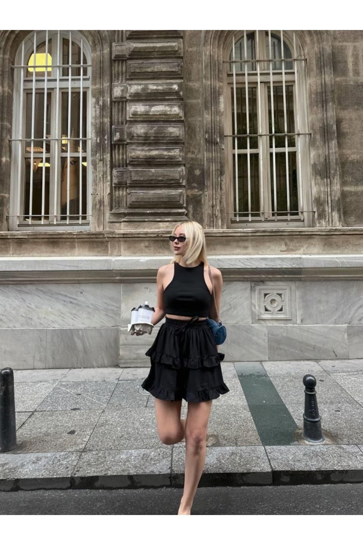 BEL LASTİKLİ KAT FIRFIR DETAYLI KISA ETEK - Siyah