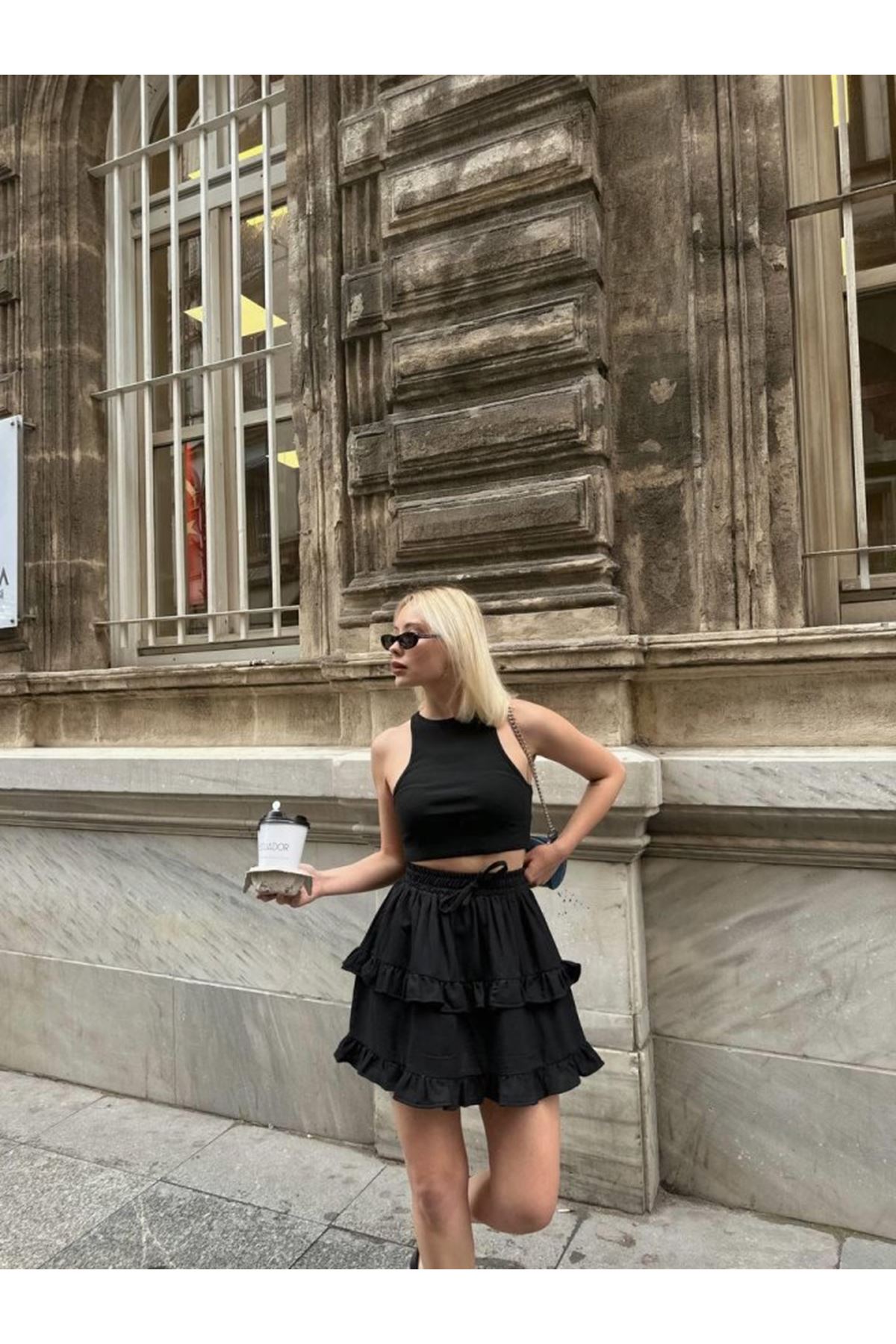 BEL LASTİKLİ KAT FIRFIR DETAYLI KISA ETEK - Siyah