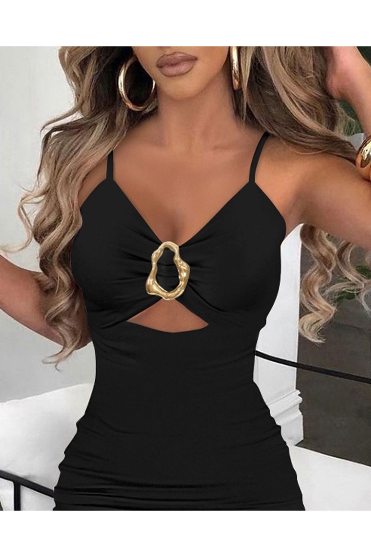 Kadın Ip Askılı Toka Detaylı Yırtmaçlı Janjan Krep Elbise