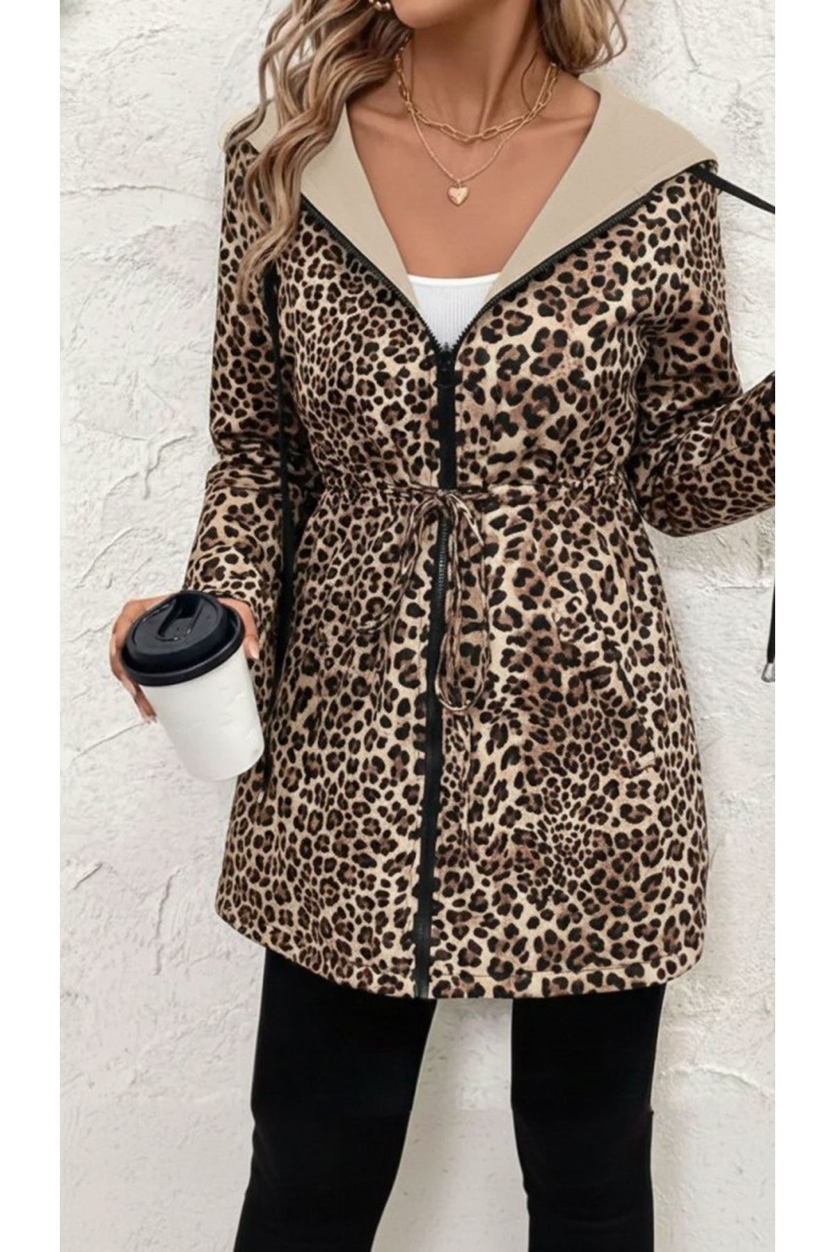 Kadın Uzun Kollu Kapşonlu çift Taraflı Cepli Bağcıklı Fermuarlı Viskon Iki Iplik Ceket