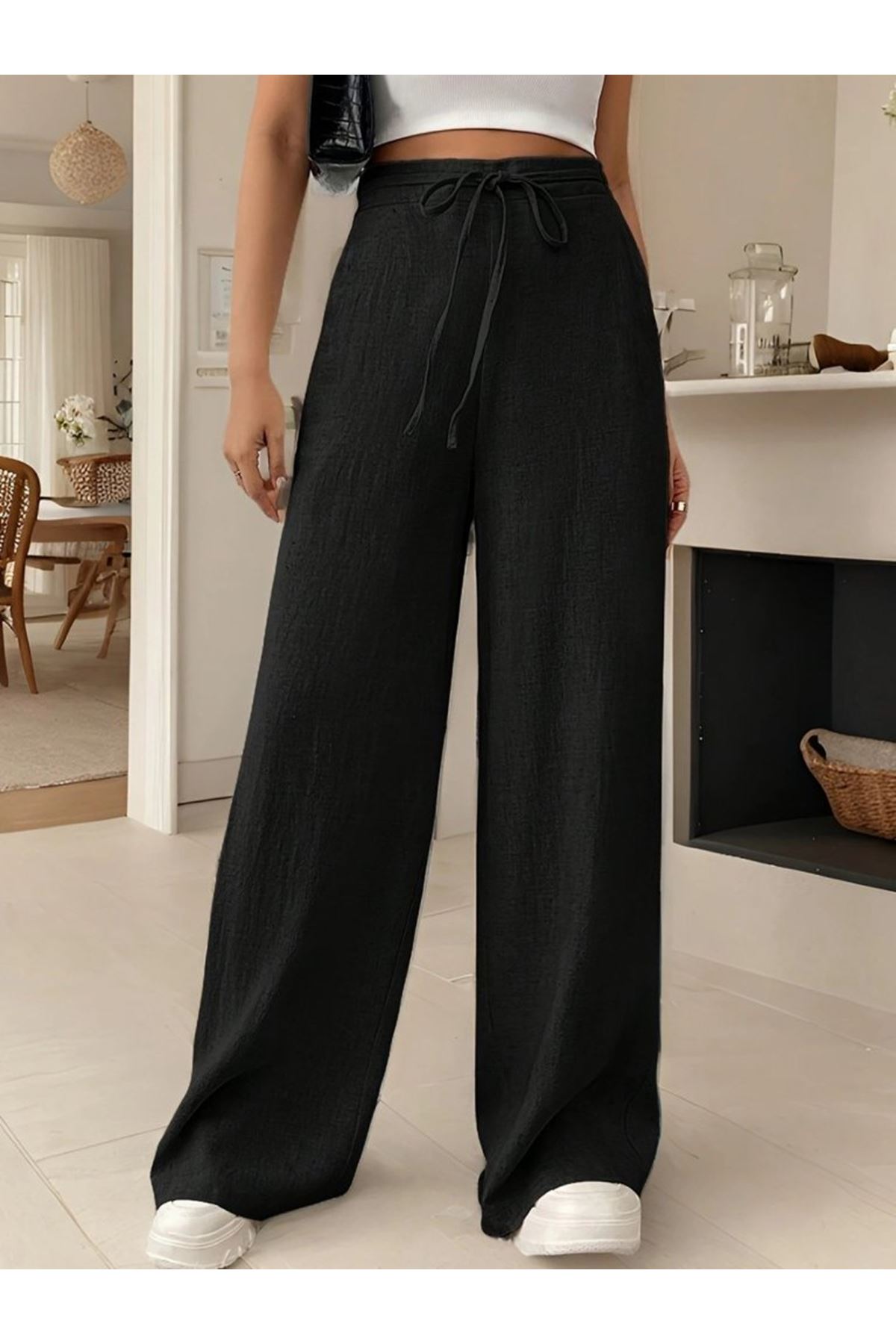 Kadın Yüksek Bel Bağcıklı Geniş Paçalı Uzun Bürümcük Pantolon