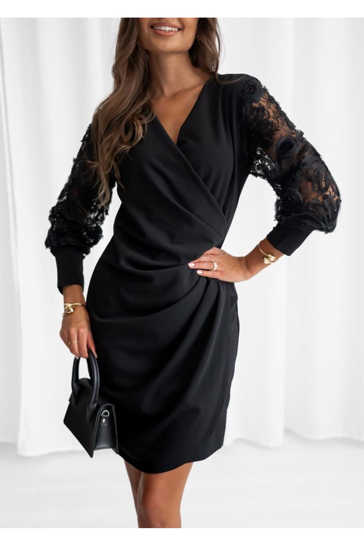 Kadın Uzun Kollu Kruvaze Yakalı önden çapraz Detaylı Kolları çiçek Dantel Detaylı Mini Ithal Krep Elbise