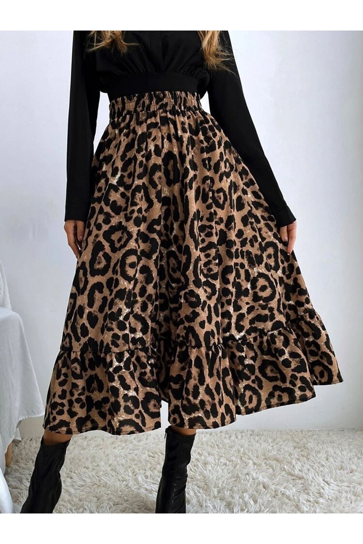 Kadın Uzun Kollu Kruvaze Yakalı Ithal Krep Bluz Ve Leopar Desenli Süprem Uzun Elbise