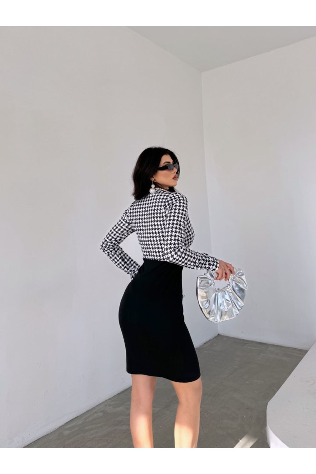 Kadın Uzun Kollu Kruvaze Yaka üst Kazayağı Desen Düğme Detaylı Dalgıç Elbise