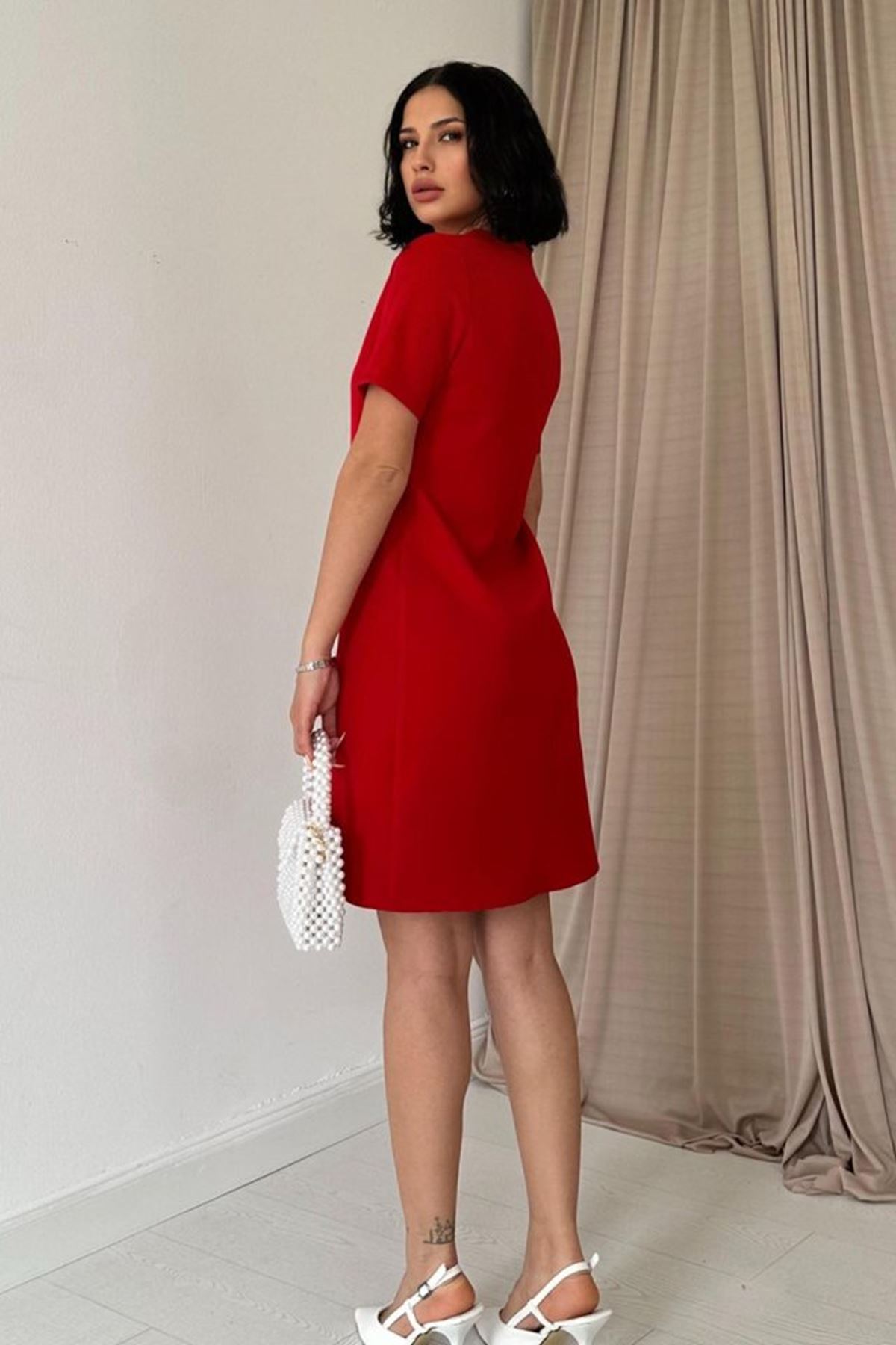 Kırmızı Kısa Kol Atlas Mini Elbise