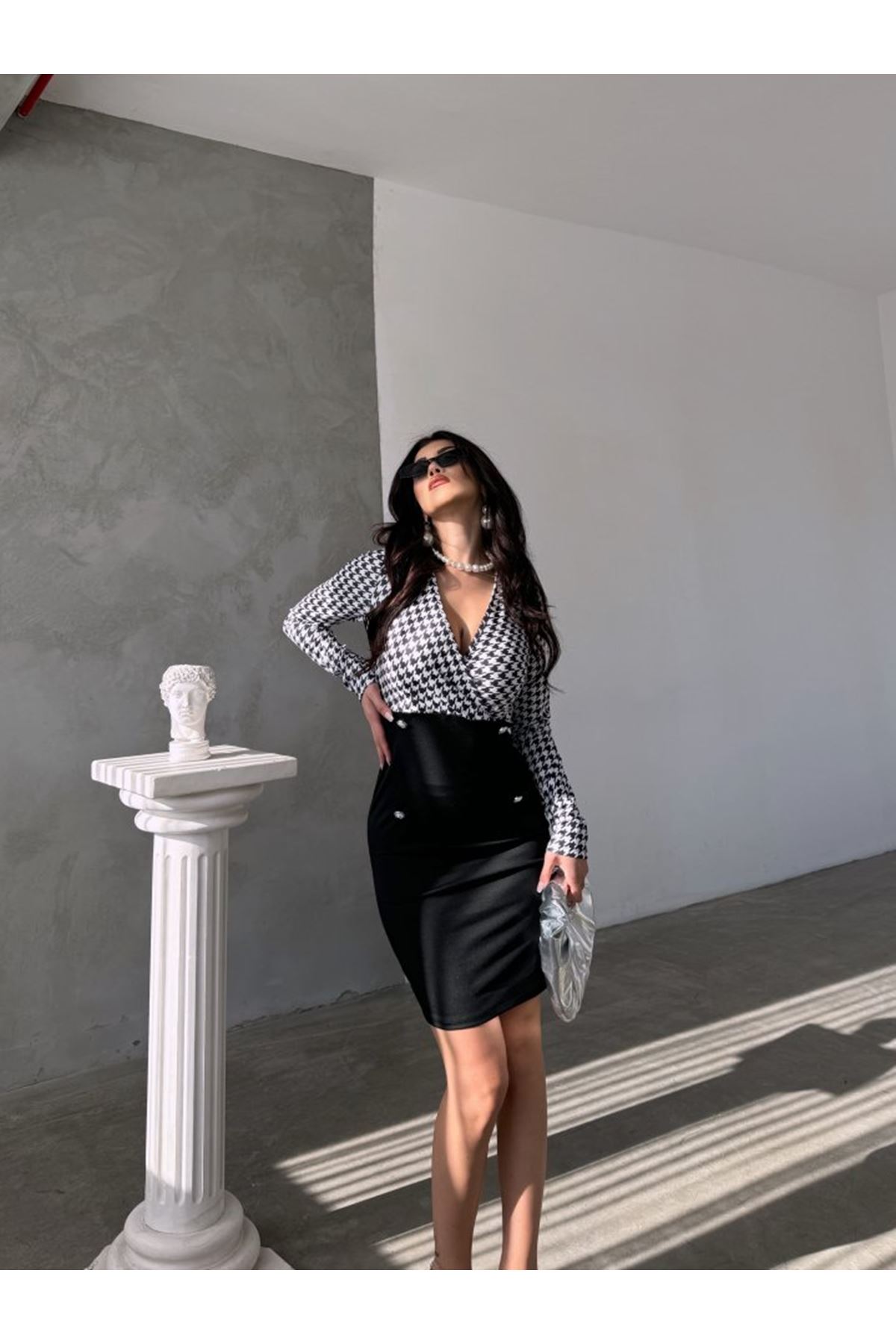 Kadın Uzun Kollu Kruvaze Yaka üst Kazayağı Desen Düğme Detaylı Dalgıç Elbise