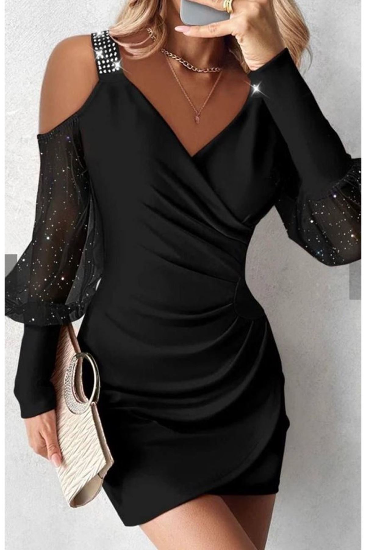Kadın Kruvaze Yaka Omuz Ve Sırt Dekolteli Taş Detay Mini Elbise
