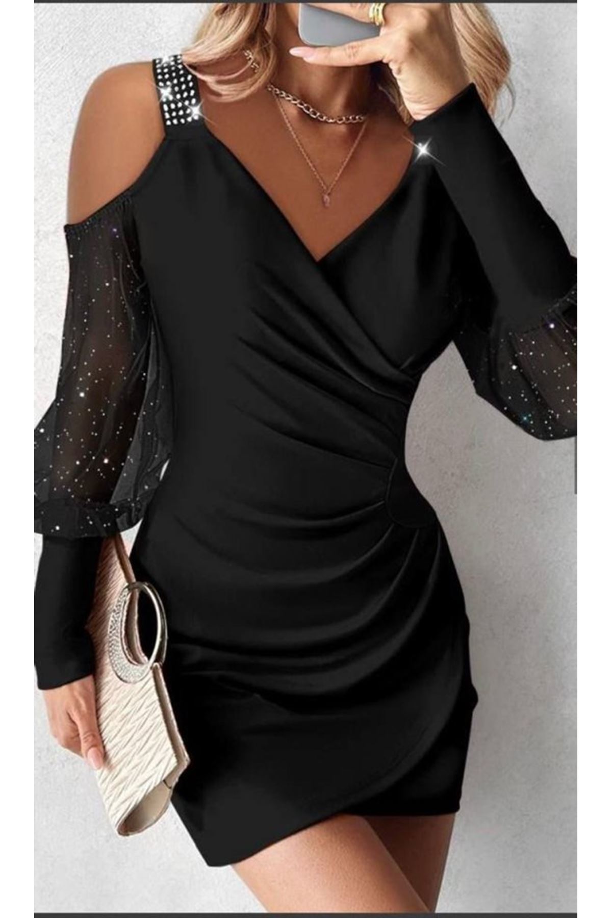 Kadın Kruvaze Yaka Omuz Ve Sırt Dekolteli Taş Detay Mini Elbise