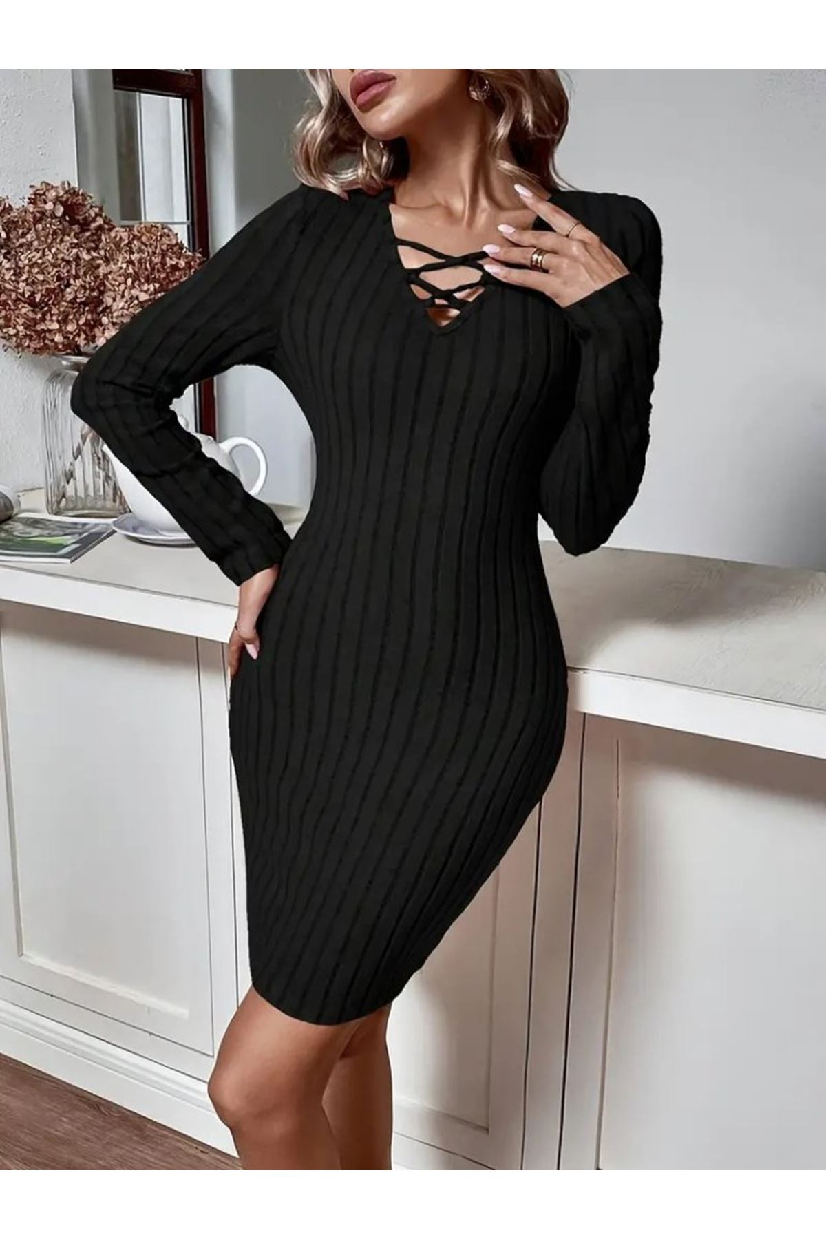 Kadın Uzun Kollu V Yakalı çapraz şerit Detaylı şardonlu Kaşkorse Midi Elbise