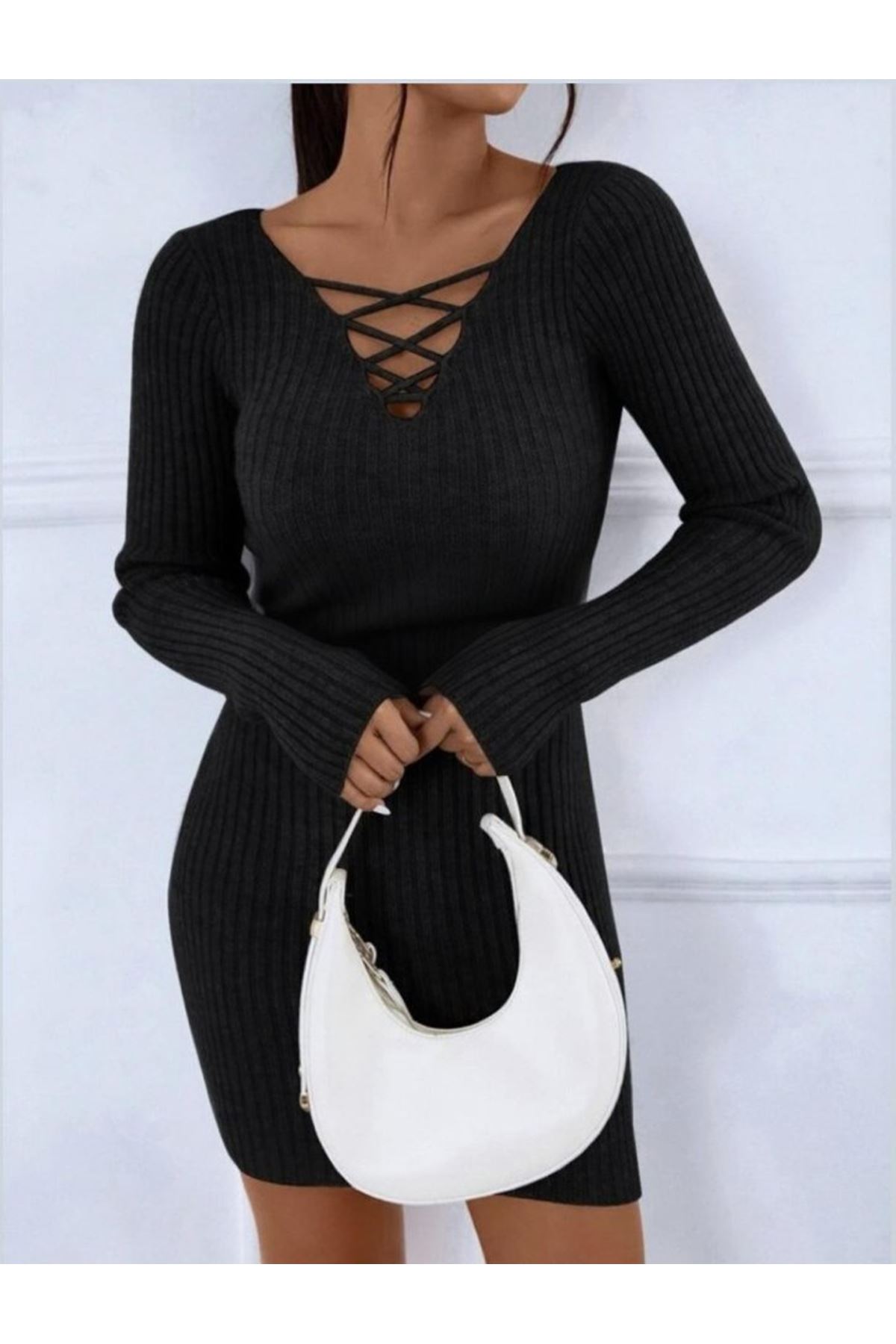 Kadın Uzun Kollu V Yakalı çapraz şerit Detaylı şardonlu Kaşkorse Midi Elbise