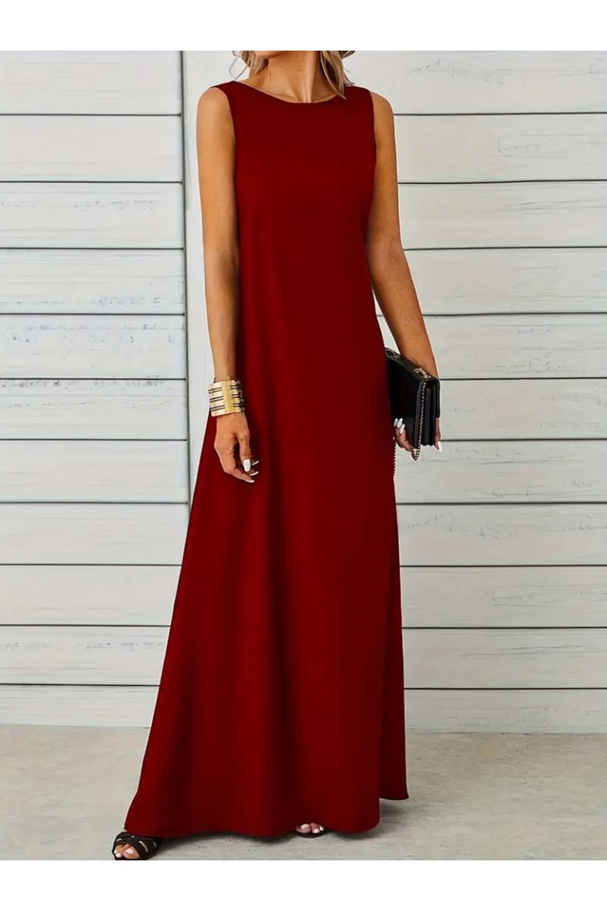Kadın Sıfır Kol Kalın Askılı Viskon Tam Boy Elbise