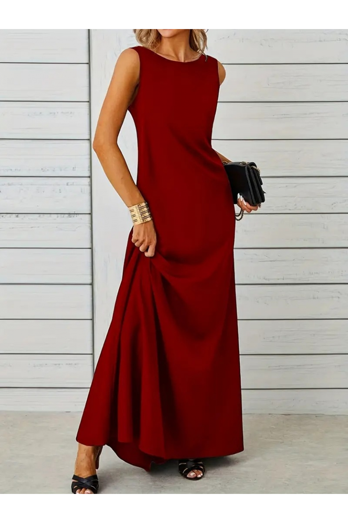 Kadın Sıfır Kol Kalın Askılı Viskon Tam Boy Elbise