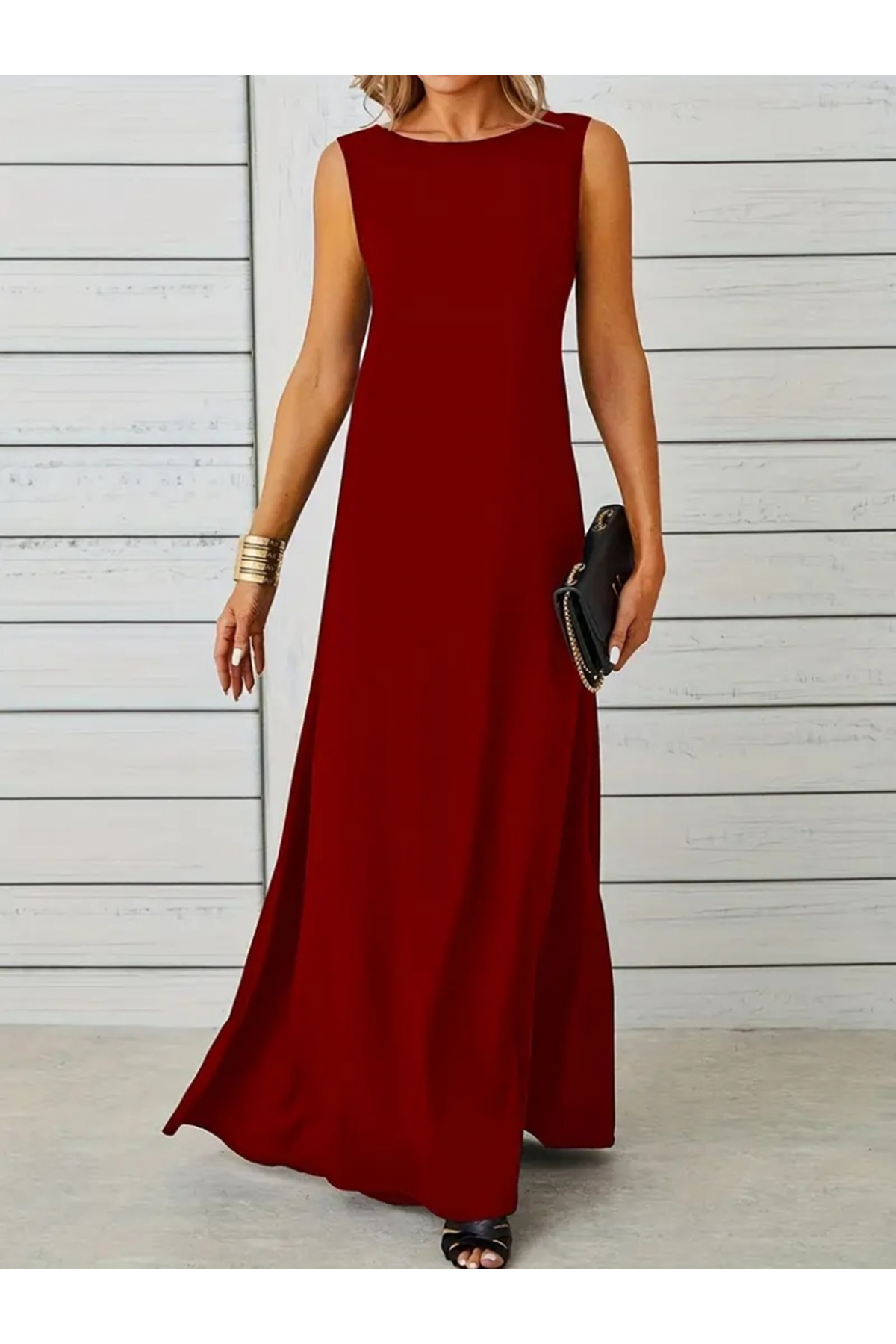 Kadın Sıfır Kol Kalın Askılı Viskon Tam Boy Elbise