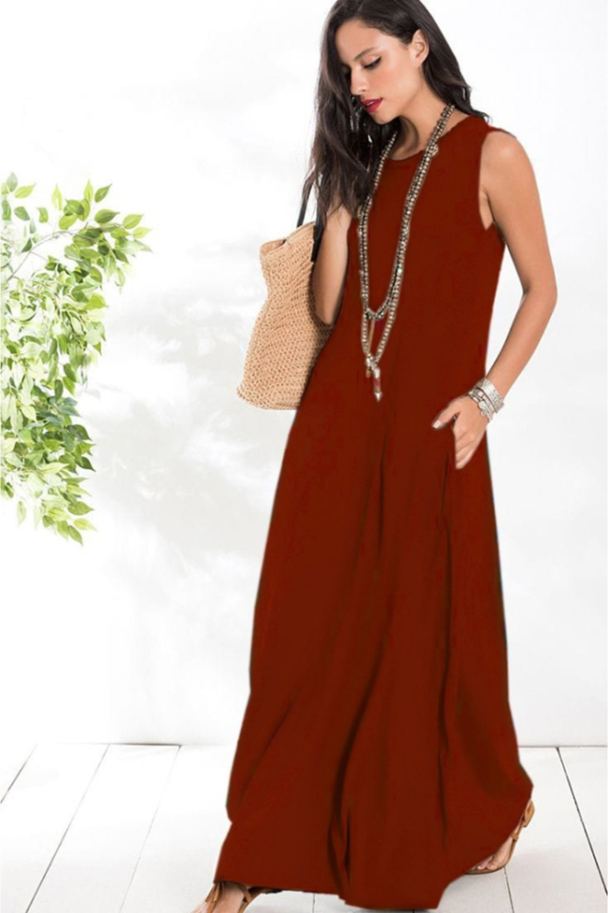 Kadın Sıfır Kol Kalın Askılı Viskon Tam Boy Elbise