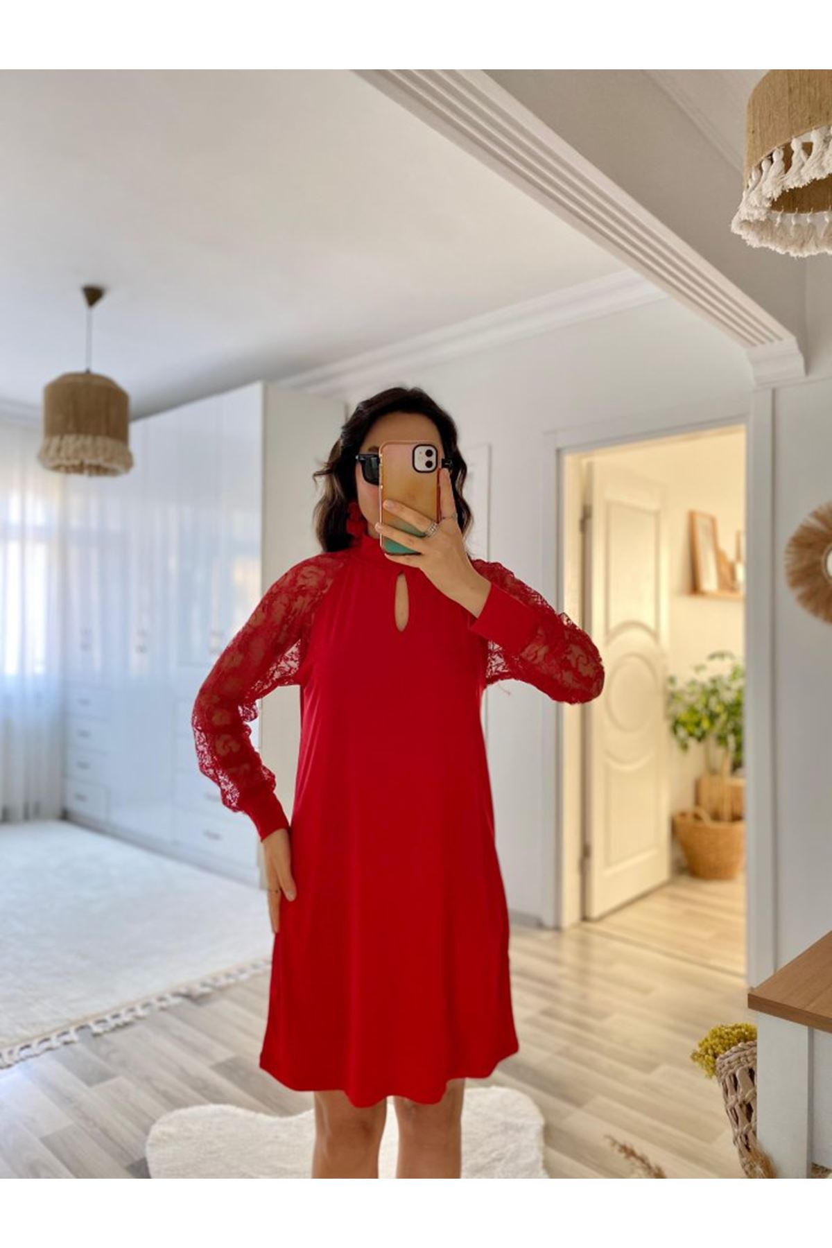 Kadın Uzun Kollu Tül Detay Sandy Mini Boy Elbise