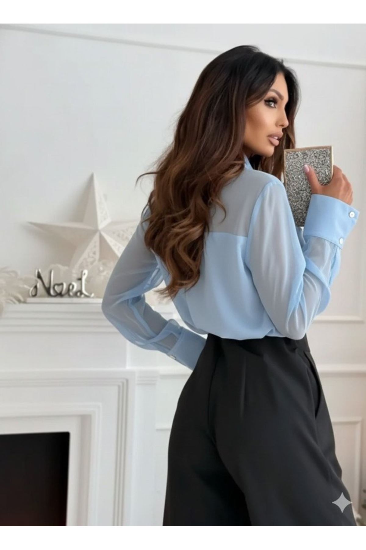 Kadın Uzun Kollu Yakalı önden Düğmeli Tül Detaylı Dokuma Viskon Bluz