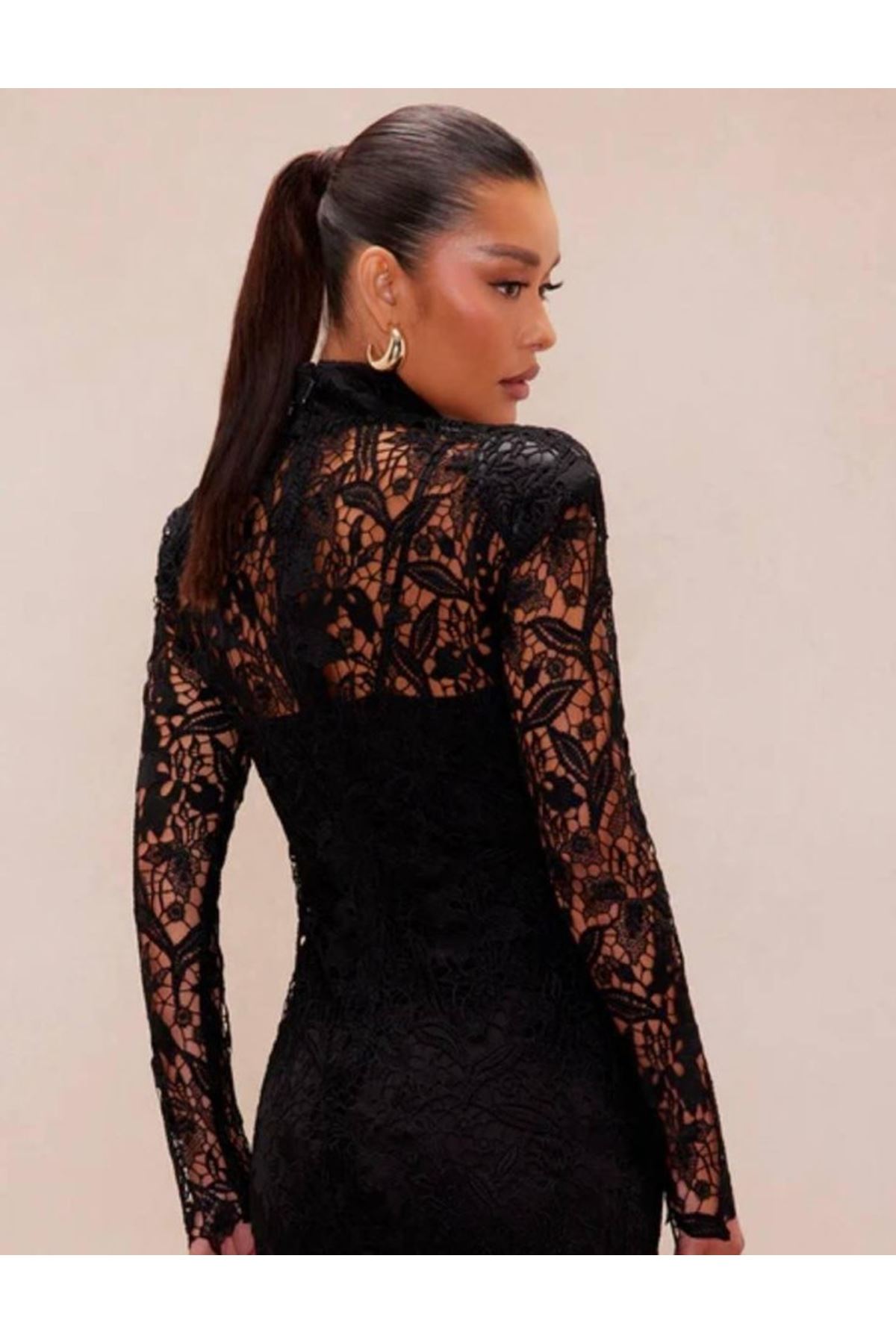 Kadın Balıkçı Yaka Full Dantel Güpür Mini Elbise