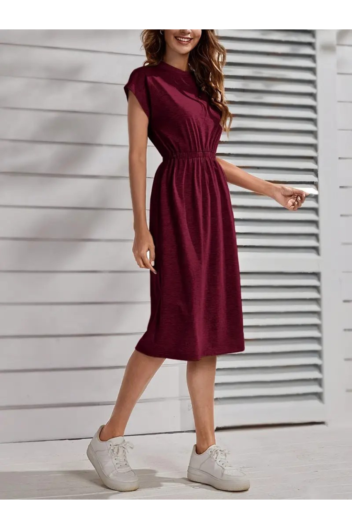Kadın Kısa Kollu Bisiklet Yaka Belden Lastikli Midi Viskon Elbise