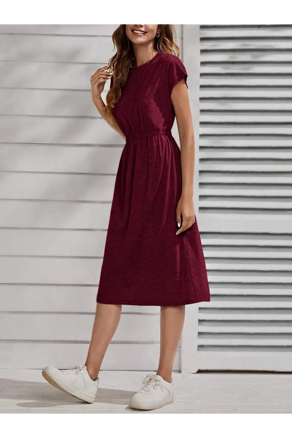Kadın Kısa Kollu Bisiklet Yaka Belden Lastikli Midi Viskon Elbise