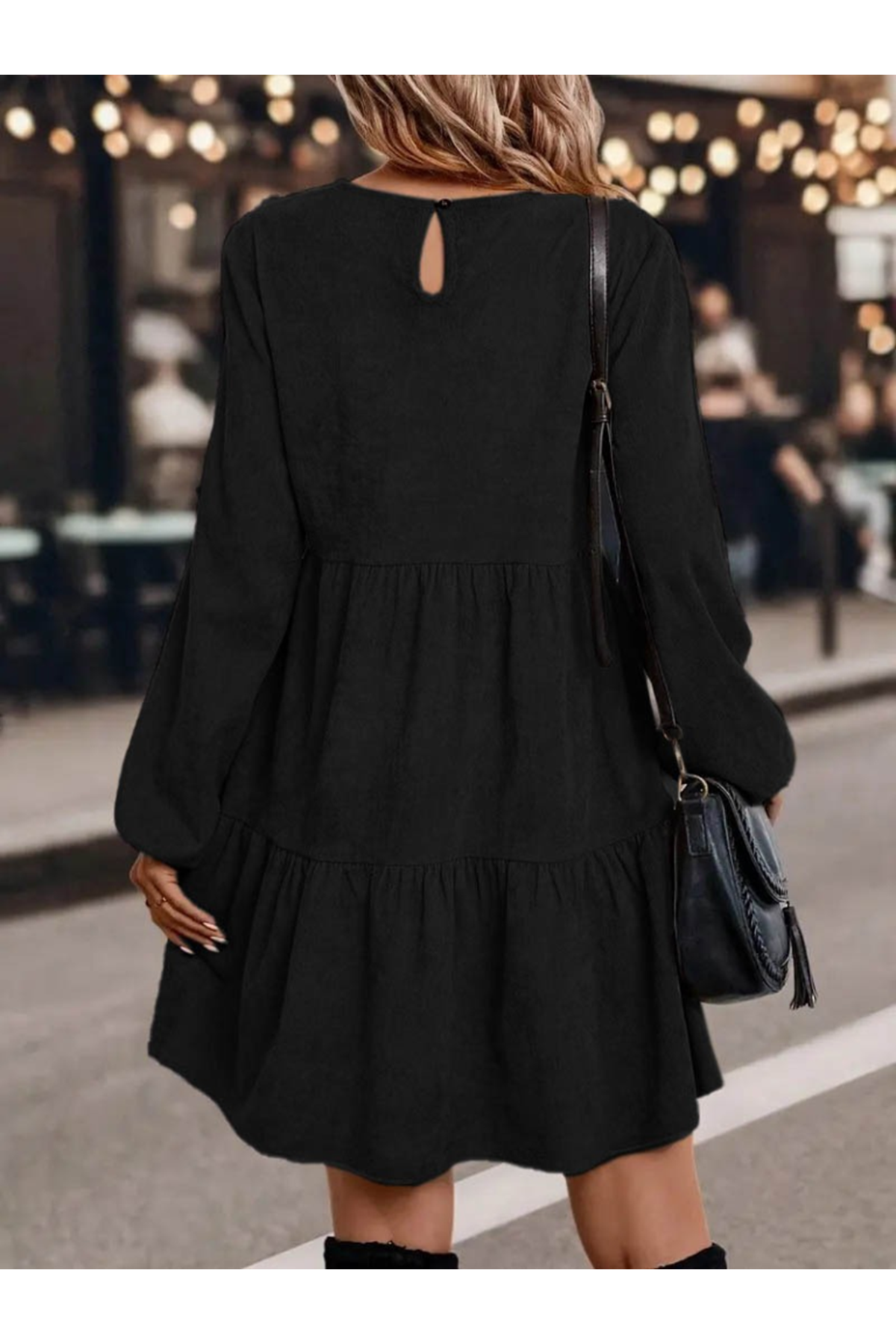 Kadın Uzun Kollu Kol Ucu Lastikli Süet Mini Boy Elbise