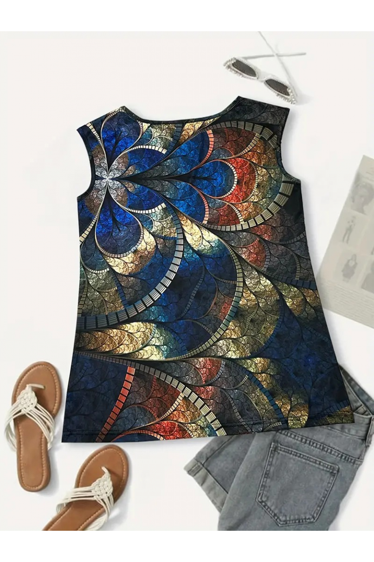 Kadın Sıfır Kol Yuvarlak Yaka Karışık Renkli Baskılı Süprem Bluz