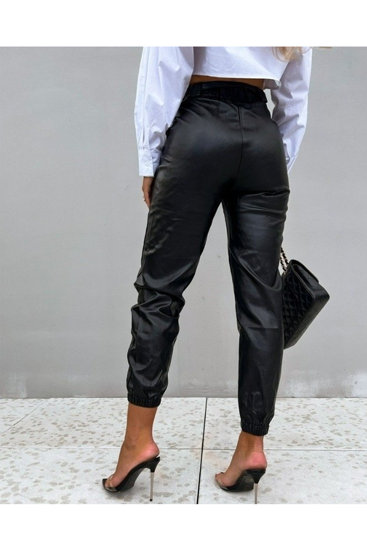 Kadın Pantolon Paçası Lastikli Deri Pantolon (kemersiz)