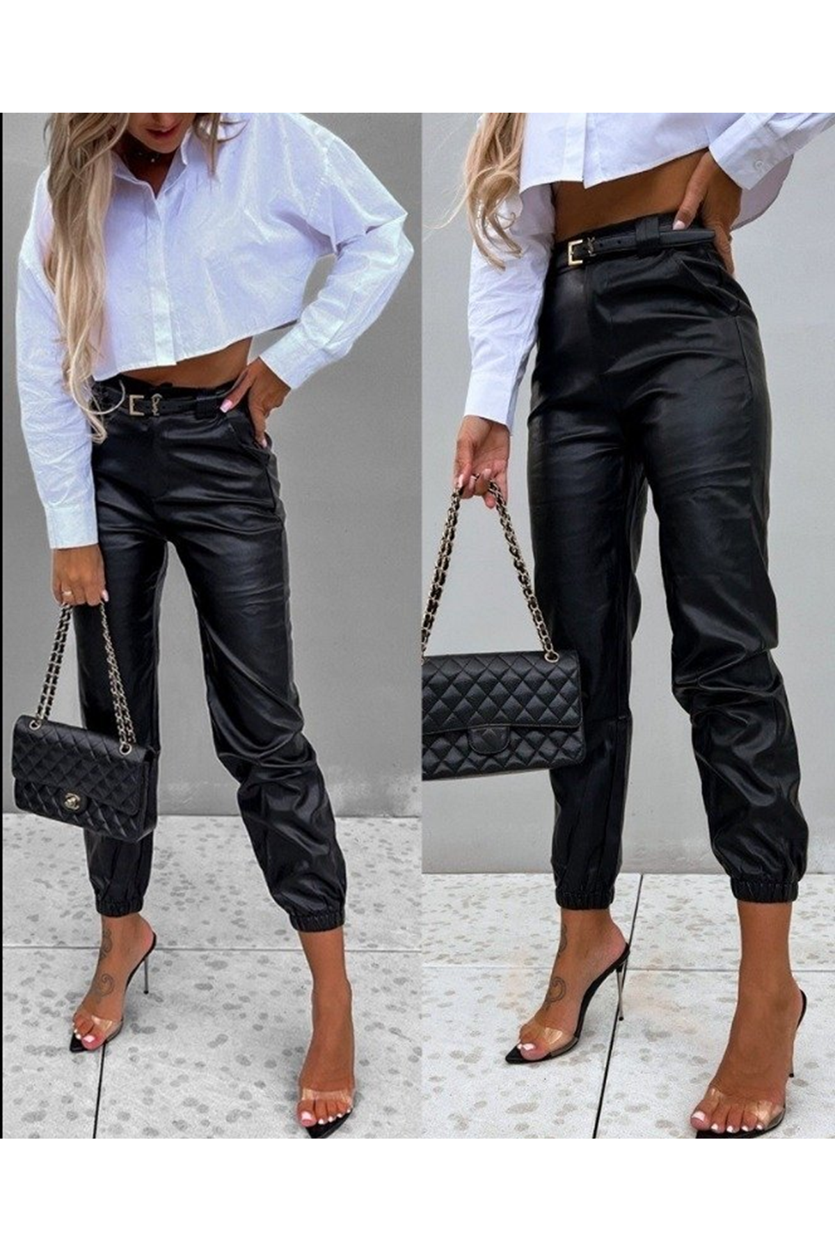 Kadın Pantolon Paçası Lastikli Deri Pantolon (kemersiz)