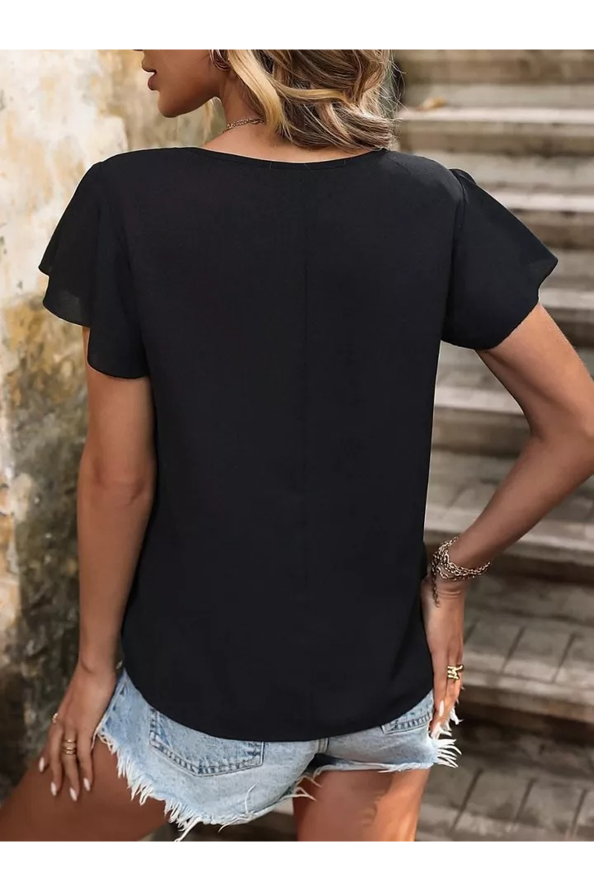 Kadın Kısa Kollu Bisiklet Yaka Yandan Düğmeli Viskon Bluz