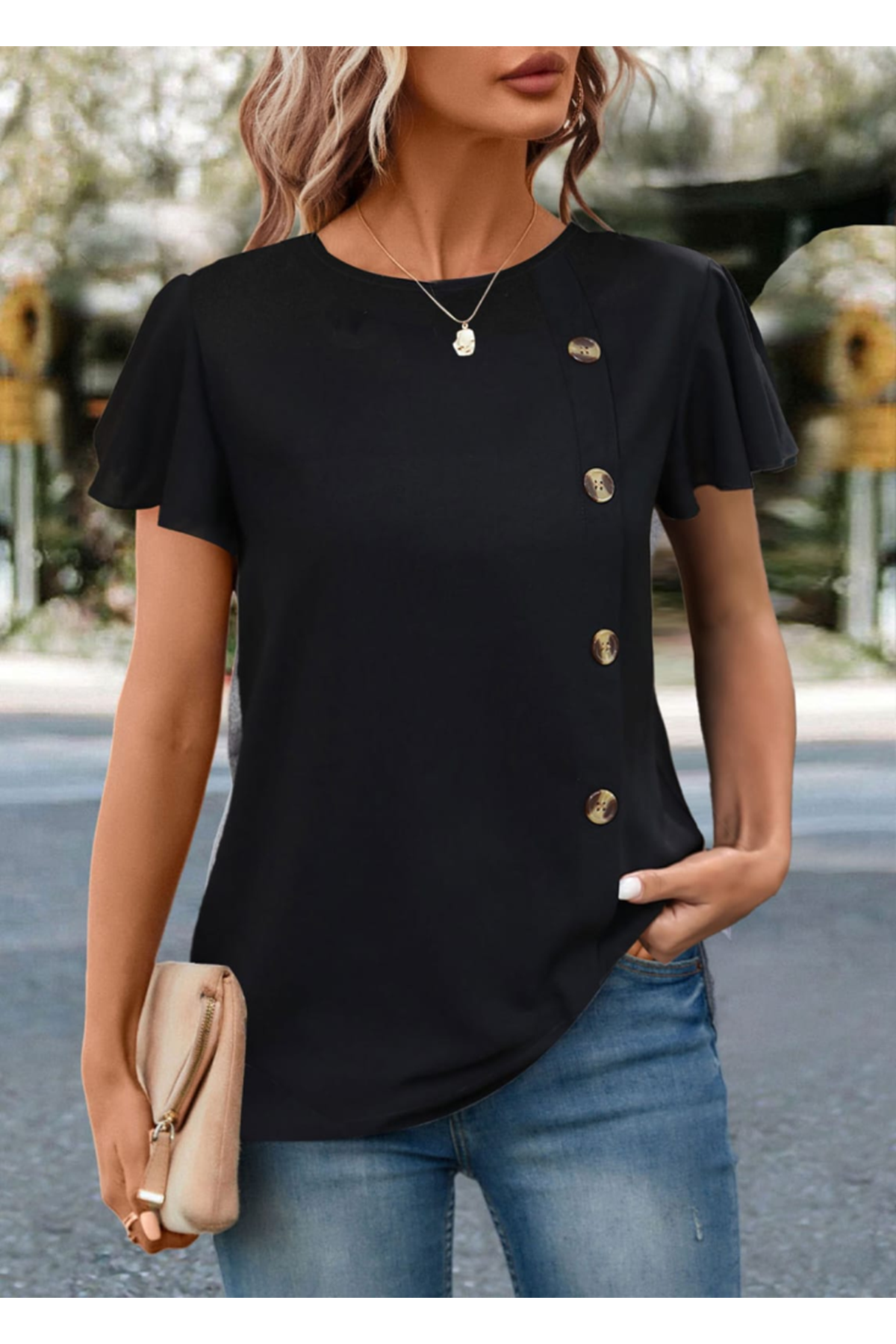 Kadın Kısa Kollu Bisiklet Yaka Yandan Düğmeli Viskon Bluz