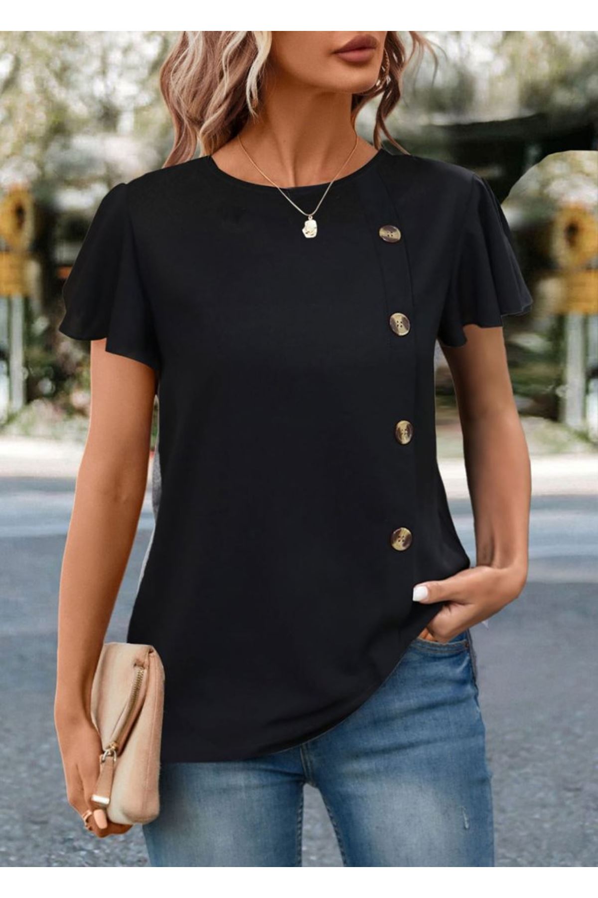 Kadın Kısa Kollu Bisiklet Yaka Yandan Düğmeli Viskon Bluz