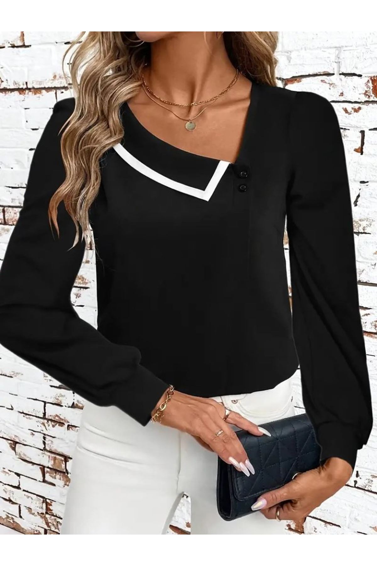 Kadın Uzun Kollu Yaka Detaylı Düğmeli Ithal Krep Bluz