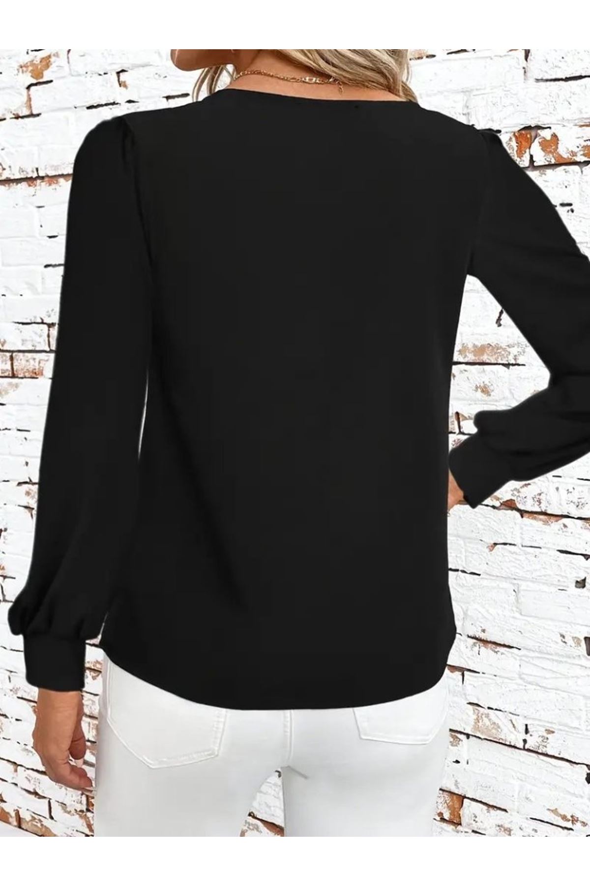 Kadın Uzun Kollu Yaka Detaylı Düğmeli Ithal Krep Bluz