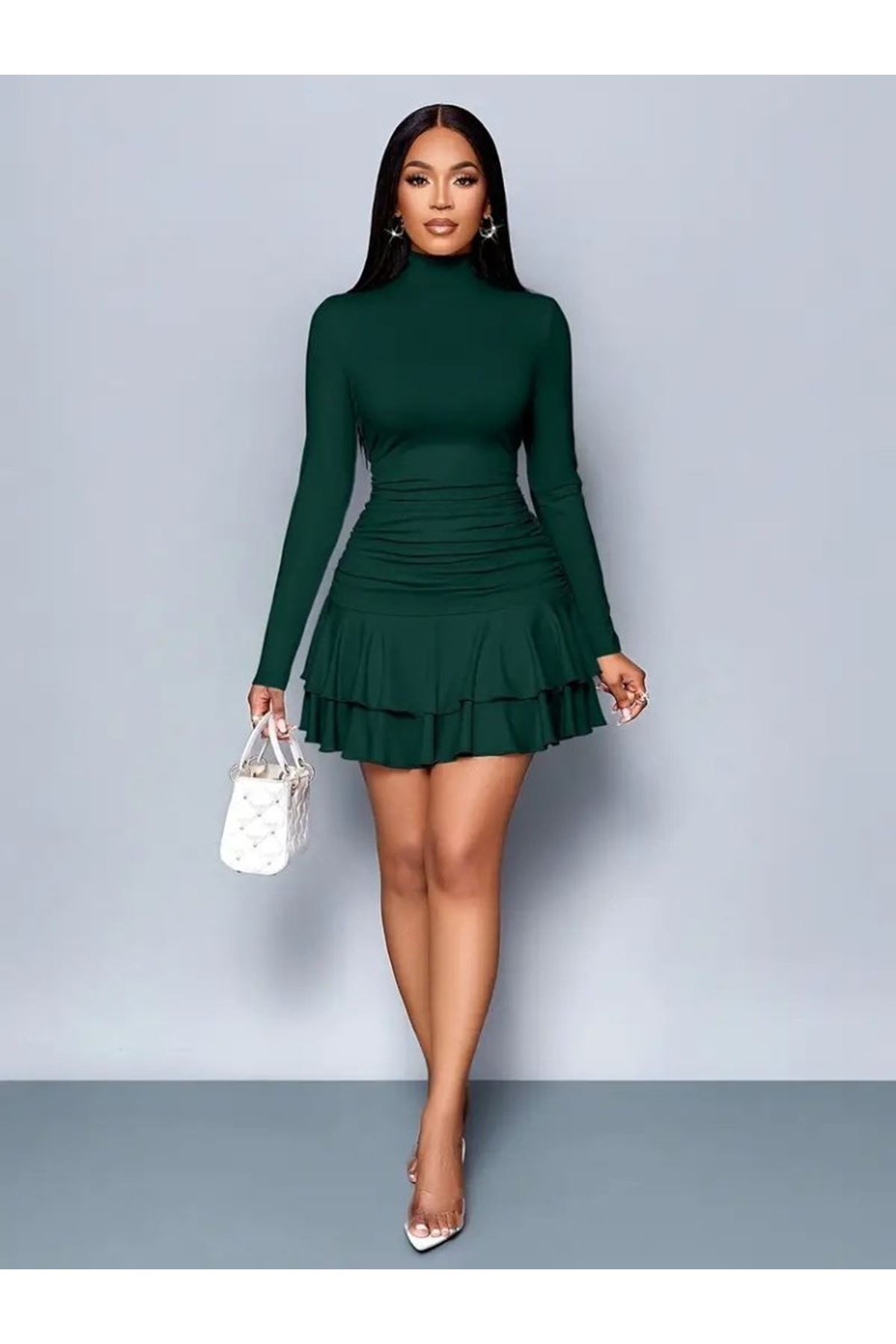 Kadın Uzun Kollu Balıkçı Yaka Mini Fırfırlı Sandy Elbise