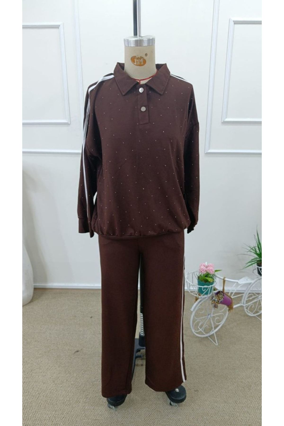 Kadın Uzun Kollu Yakalı şerit Detaylı Viskon Iki Iplik Bluz Ve Pantolon Ikili Takım