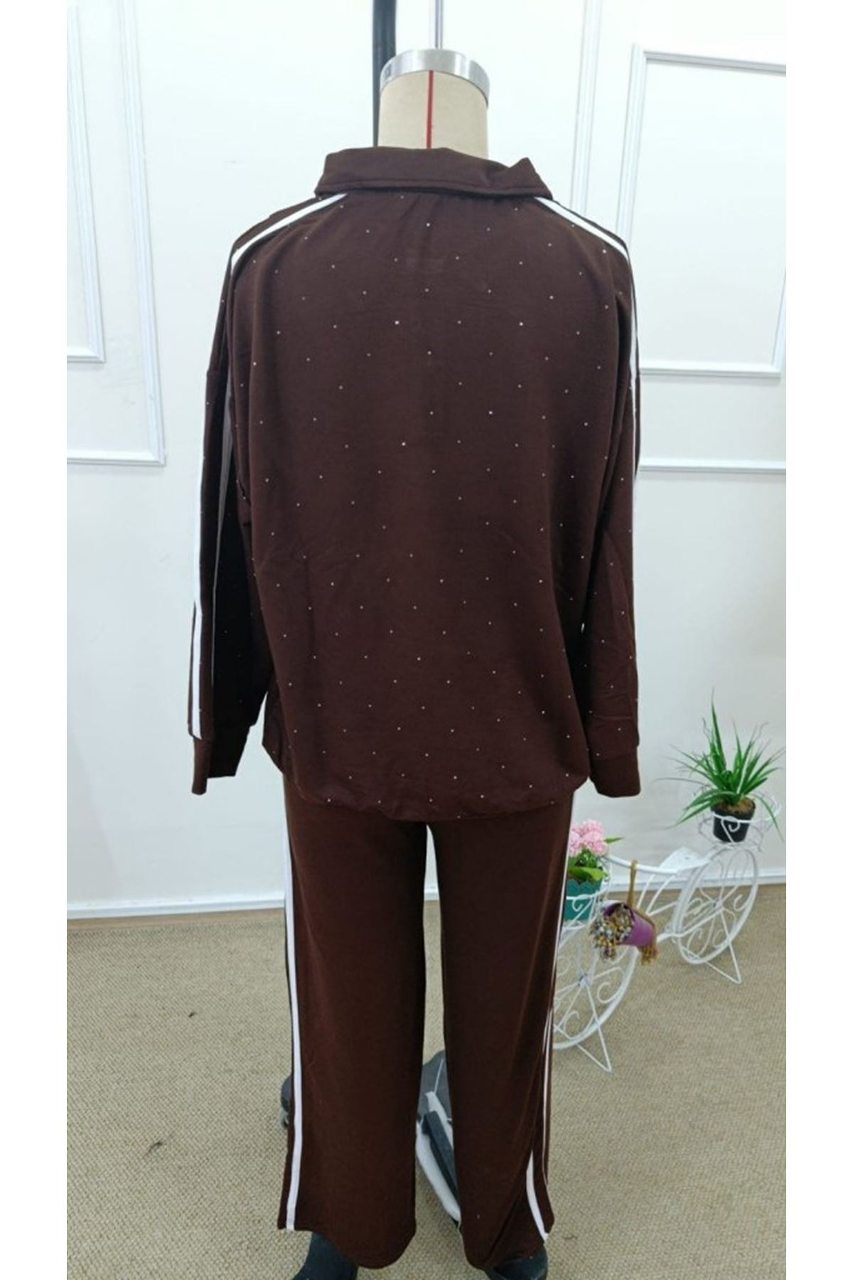 Kadın Uzun Kollu Yakalı şerit Detaylı Viskon Iki Iplik Bluz Ve Pantolon Ikili Takım