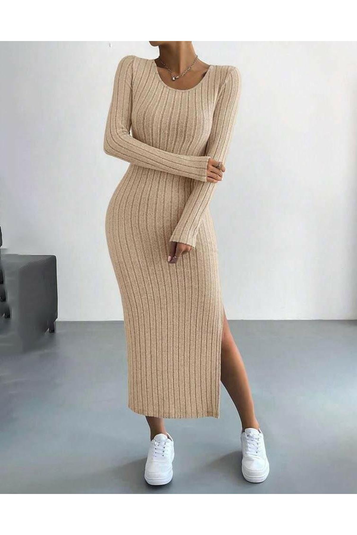 Kadın Kaşkorse Kumaş Yırtmaç Detaylı Uzun Kollu Elbise