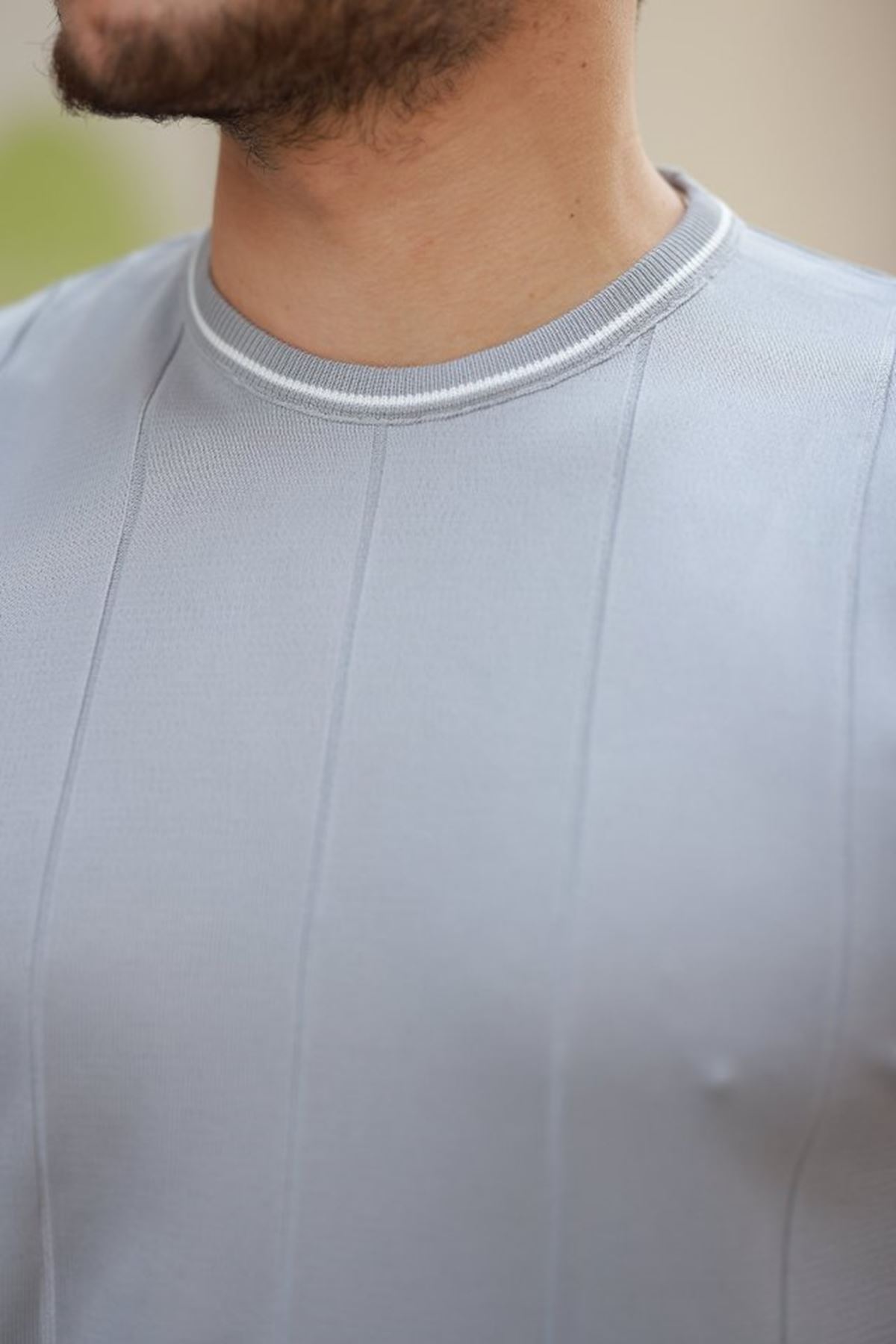 Erkek Bisiklet Yaka çizgi Desenli Ribanalı Kısa Kollu Tshirt